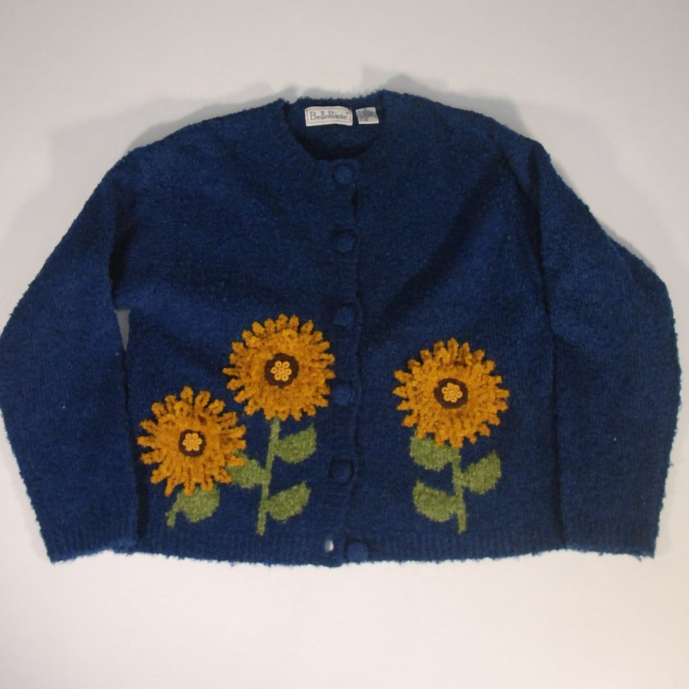 Belle Pointe VTG Blue Boucle Knit Floral Embroidered